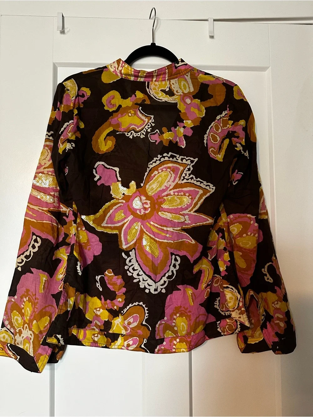 Tory Burch Brown Floral Cotton Tunic with Pink Yellow Flowers and Clear Sequins